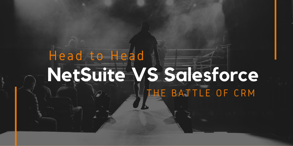 a man with boxing gloves walking towards a boxing ring with a heading over the image saying: head-to-head NetSuite vs Sales force the battle of CRM 