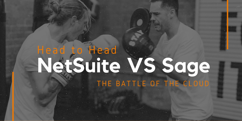 two men sparring in a boxing gym with a header saying: head to head NetSuite VS sage, the battle of the cloud